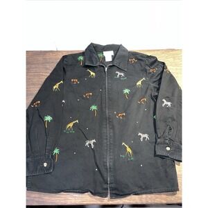 The Quacker Factory Black Zip Shirt Jacket Women's Large Jungle Embroidered VTG